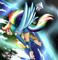 Size: 1024x1063 | Tagged: safe, artist:xptzstudios, character:rainbow dash, species:human, barefoot, feet, female, humanized, leg warmers, sidemouth, soles, solo, space, spaceship, tailed humanization, toes, wiggle, wiggling toes, winged humanization