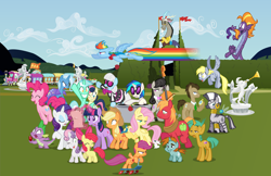 Size: 7696x4978 | Tagged: safe, artist:drewdini, character:apple bloom, character:applejack, character:big mcintosh, character:bon bon, character:derpy hooves, character:discord, character:dj pon-3, character:doctor whooves, character:fluttershy, character:lyra heartstrings, character:octavia melody, character:photo finish, character:pinkie pie, character:rainbow dash, character:rarity, character:scootaloo, character:snails, character:snips, character:spike, character:steven magnet, character:sweetie belle, character:sweetie drops, character:time turner, character:trixie, character:twilight sparkle, character:vinyl scratch, character:zecora, species:bird, species:draconequus, species:earth pony, species:pegasus, species:pony, species:rabbit, species:zebra, ship:lyrabon, absurd resolution, blushing, cello, cutie mark crusaders, everypony, female, friendship express, gem, lesbian, magic, male, mane seven, mane six, mare, musical instrument, octavia is not amused, parasprite, pocket watch, scooter, scroll, shipping, smiling, statue, telekinesis, train, unamused