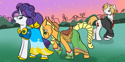 Size: 1200x600 | Tagged: safe, artist:calicopikachu, character:applejack, character:rarity, oc, ship:rarijack, episode:sweet and elite, g4, my little pony: friendship is magic, alternate hairstyle, clothing, dress, fanfic, female, gala dress, lesbian, shipping