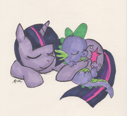 Size: 900x823 | Tagged: safe, artist:catscratchpaper, character:spike, character:twilight sparkle, cuddling, snuggling, spikelove