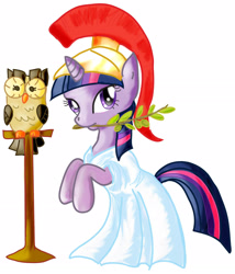 Size: 1778x2077 | Tagged: safe, artist:catscratchpaper, character:owlowiscious, character:twilight sparkle, species:owl, species:pony, armor, athena, athena sparkle, costume, duo, female, greek mythology, helmet, hilarious in hindsight, mare, mouth hold, robe, simple background, white background