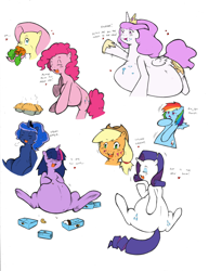 Size: 1280x1656 | Tagged: safe, artist:cold-blooded-twilight, artist:hazama, character:applejack, character:fluttershy, character:pinkie pie, character:princess celestia, character:princess luna, character:rainbow dash, character:rarity, character:twilight sparkle, belly, big belly, carrot, chubby, chubby cheeks, chubbylestia, colored, crumbs, donut, drool, fat, heart, mane six, pie, pudgy pie, raritubby, stuffed, stuffing, twilard sparkle, wide hips