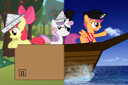 Size: 4800x3200 | Tagged: safe, artist:zaponator, character:apple bloom, character:scootaloo, character:sweetie belle, species:pegasus, species:pony, absurd resolution, clothing, cutie mark crusaders, eyepatch, grin, hat, imagination, leaning, pirate, pirate hat, scar, smirk