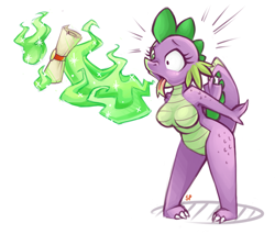 Size: 940x800 | Tagged: safe, artist:stoney pony, character:barb, character:spike, species:anthro, barbie doll anatomy, breasts, burp, busty barb, dragon mail, featureless breasts, female, fire, green fire, nudity, older, open mouth, rule 63, scroll, simple background, solo, surprised, tongue out, white background