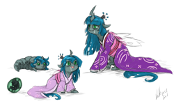 Size: 3000x1821 | Tagged: safe, artist:valkyrie-girl, oc, oc only, oc:pupa, parent:queen chrysalis, species:changeling, changeling oc, changeling queen, changeling queen oc, clothing, drool, egg, filly, kimono (clothing), maternal instinct, nymph, offspring, simple background, white background