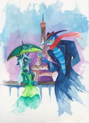 Size: 2550x3501 | Tagged: safe, artist:artist-apprentice587, character:queen chrysalis, a monster in paris, clothing, crossover, duo, eiffel tower, looking at each other, paris, profile, rose, traditional art, umbrella, watercolor painting