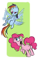 Size: 518x815 | Tagged: safe, artist:sibsy, character:pinkie pie, character:rainbow dash, species:earth pony, species:pegasus, species:pony, g4, abstract background, behind the scenes, concept art, female, flying, mare, silly face