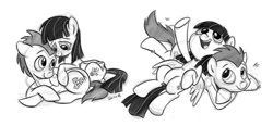 Size: 1024x474 | Tagged: dead source, safe, artist:sibsy, character:lucky clover, character:wild fire, species:earth pony, species:pegasus, species:pony, ship:luckyfire, female, grayscale, male, mare, monochrome, prone, shipping, simple background, sketch, stallion, straight, wild fire gets lucky