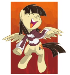Size: 750x812 | Tagged: safe, artist:sibsy, character:wild fire, species:pegasus, species:pony, g4, abstract background, clothing, cute, eyes closed, female, flying, jacket, laughing, mare, open mouth, smiling, solo, spread wings, wings