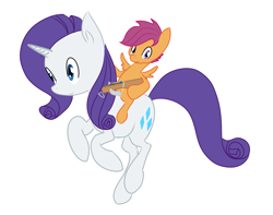 Size: 2161x1701 | Tagged: dead source, safe, artist:fribox, character:rarity, character:scootaloo, species:pegasus, species:pony, species:unicorn, crossbow, duo, female, filly, foal, mare, ponies riding ponies, riding, simple background, white background