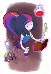 Size: 1605x2353 | Tagged: safe, artist:twitchykismet, character:spike, character:twilight sparkle, species:human, adventure time, beaker, beakers, book, chemicals, clipboard, colored skin, humanized, magic, parody, princess bubblegum, science, sleeping, style emulation, vial