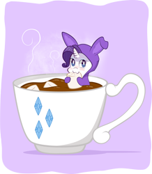 Size: 1212x1390 | Tagged: safe, artist:artist-apprentice587, character:rarity, species:pony, :3, bunny costume, bunny ears, clothing, cup, cup of pony, cute, drink, female, hot chocolate, marshmallow, micro, raribetes, rarity is a marshmallow, solo