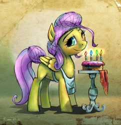 Size: 1920x1980 | Tagged: safe, artist:ruffu, character:fluttershy, apron, baking, birthday cake, cake, candle, clothing, female, food, hairnet, solo, table