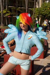 Size: 2016x3024 | Tagged: safe, artist:ladymella, character:rainbow dash, species:human, anime la, belly button, clothing, cosplay, irl, irl human, jacket, midriff, photo, shorts, solo
