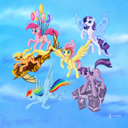 Size: 4000x4000 | Tagged: safe, artist:dalagar, character:applejack, character:fluttershy, character:pinkie pie, character:rainbow dash, character:rarity, character:twilight sparkle, balloon, flying, glimmer wings, goggles, mane six, steampunk, then watch her balloons lift her up to the sky