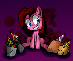 Size: 789x662 | Tagged: safe, artist:vdru7, character:pinkamena diane pie, character:pinkie pie, episode:party of one, g4, my little pony: friendship is magic, female, madame leflour, mr. turnip, pixiv, rocky, sir lintsalot, sitting, solo