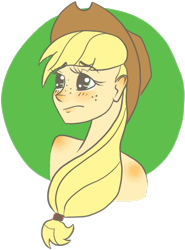 Size: 598x810 | Tagged: safe, artist:sigmanas, character:applejack, species:human, bare shoulder portrait, blushing, crying, female, head, humanized, light skin, nudity, portrait, simple background, solo, transparent, transparent background, upset
