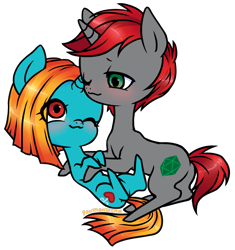 Size: 828x879 | Tagged: safe, artist:ponymonster, oc, oc only, oc:mimsy, oc:pat, species:pony, species:unicorn, female, male, shipping, simple background, straight, transparent background