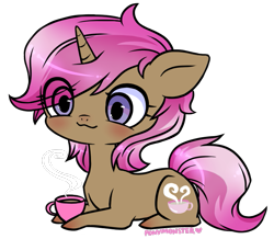 Size: 741x646 | Tagged: safe, artist:ponymonster, oc, oc only, oc:sweet tea, species:pony, species:unicorn, blushing, female, mare, simple background, solo, tea, transparent background