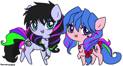Size: 1024x553 | Tagged: safe, artist:ponymonster, oc, oc only, oc:glitter ecstasy, oc:shimmer star, bow, necklace, simple background, sisters