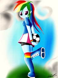 Size: 768x1024 | Tagged: safe, artist:jabbie64, character:rainbow dash, my little pony:equestria girls, clothing, female, football, looking back, looking down, raised leg, signature, skirt, solo, sports