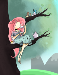 Size: 1071x1372 | Tagged: safe, artist:twitchykismet, character:angel bunny, character:fluttershy, species:human, adventure time, animal, barefoot, blue jay, cake, chipmunk, choker, cleavage, clothing, crossover, dress, drink, feet, female, humanized, light skin, music notes, sitting, sitting in a tree, style emulation, tea, teacup, teapot, tree