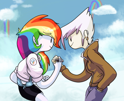Size: 1246x1015 | Tagged: safe, artist:twitchykismet, character:gilda, character:rainbow dash, species:griffon, species:human, adventure time, clothing, cloudsdale, crossover, humanized, jacket, light skin, style emulation
