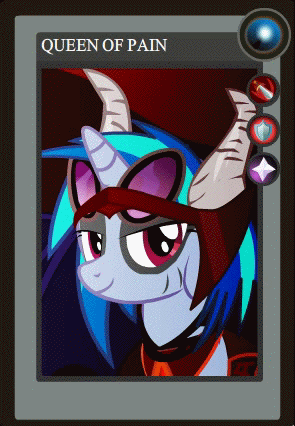 Size: 295x426 | Tagged: safe, artist:yudhaikeledai, part of a set, character:dj pon-3, character:vinyl scratch, animated, dota 2, female, part of a series, ponified dota 2 cards, queen of pain, solo, tricorn