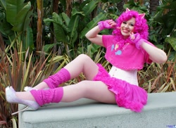 Size: 2048x1493 | Tagged: safe, artist:aktrez, character:pinkie pie, species:human, cosplay, fishnets, high heels, irl, irl human, leg warmers, photo, solo