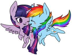 Size: 1191x915 | Tagged: safe, artist:ponymonster, character:rainbow dash, character:twilight sparkle, character:twilight sparkle (alicorn), species:alicorn, species:pony, ship:twidash, blushing, female, flying, lesbian, mare, shipping, simple background, transparent background