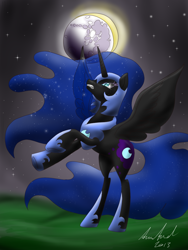 Size: 768x1024 | Tagged: safe, artist:dreamyartcosplay, character:nightmare moon, character:princess luna, species:alicorn, species:pony, angry, eclipse, ethereal mane, female, galaxy mane, hoof shoes, mare, mare in the moon, moon, rearing, signature, solo, sun