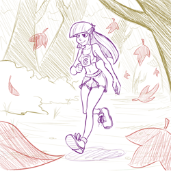 Size: 700x700 | Tagged: safe, artist:romanrazor, character:twilight sparkle, species:human, autumn, belly button, clothing, confident, female, forest, humanized, leaves, midriff, running, running of the leaves, running shorts, scene interpretation, shoes, shorts, side slit, sketch, smiling, sneakers, solo, solo female, sports bra, tomboy, tree