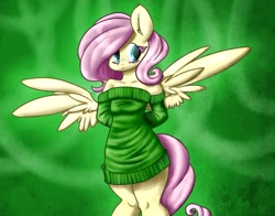 Size: 1280x1002 | Tagged: safe, artist:lizzyoli-ravioli, character:fluttershy, species:anthro, species:pegasus, g4, clothing, colored eyelashes, female, green background, mare, simple background, solo, spread wings, sweater, sweatershy, wings