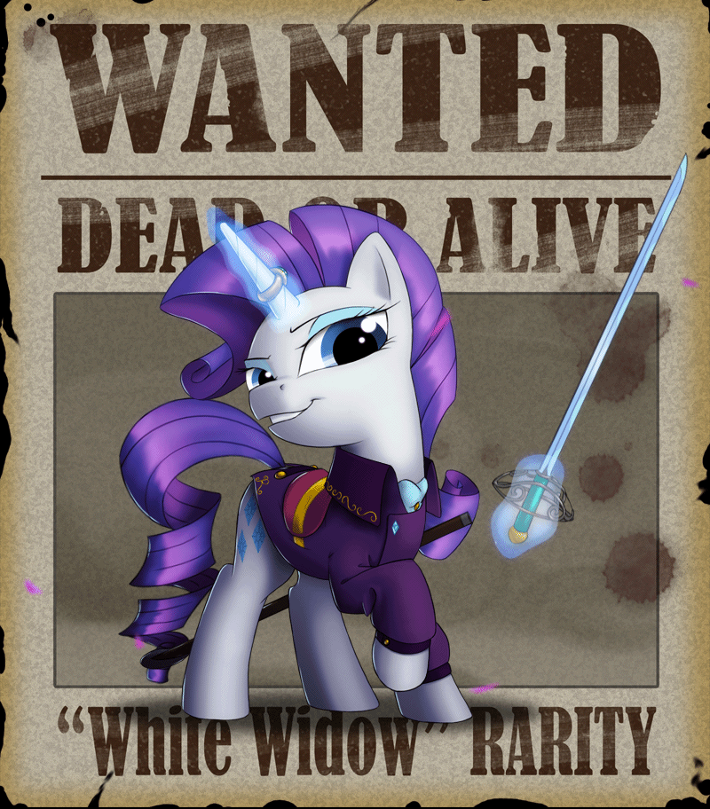 Size: 800x912 | Tagged: safe, artist:lionheartcartoon, character:rarity, animated, clothing, female, grin, horn ring, looking at you, magic, petals, pirate, raised hoof, rapier, smiling, solo, sword, telekinesis, wanted poster, wind
