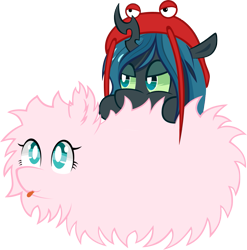 Size: 1001x1013 | Tagged: safe, artist:artist-apprentice587, character:queen chrysalis, oc, oc:fluffle puff, species:changeling, species:pony, changeling queen, clothing, costume, cute, cutealis, duo, duo female, female, flufflebetes, lobster, nymph, simple background, tongue out, transparent background