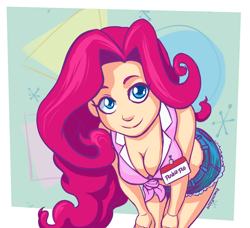 Size: 900x819 | Tagged: safe, artist:romanrazor, character:pinkie pie, species:human, beautiful, beautisexy, bend over, bent over, blue eyes, breasts, busty pinkie pie, cleavage, clothing, cute, daisy dukes, denim shorts, diapinkes, downblouse, female, front knot midriff, hands on thighs, happy, humanized, looking at you, midriff, name tag, sexy, smiling, solo, sultry pose, waitress