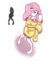Size: 700x761 | Tagged: safe, artist:romanrazor, character:fluttershy, species:human, barefoot, bottomless, clothing, feet, female, high angle, humanized, off shoulder, off shoulder sweater, solo, sweater, sweatershy