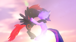 Size: 1920x1080 | Tagged: safe, artist:egstudios93, character:twilight sparkle, oc, species:pegasus, species:pony, 3d, canon x oc, edgy, eyes closed, gmod, kissing, red and black oc, shipping, sky, spread wings, wings