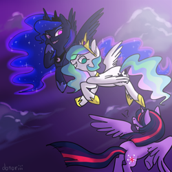 Size: 1000x1000 | Tagged: safe, artist:dotoriii, character:princess celestia, character:princess luna, character:twilight sparkle, character:twilight sparkle (alicorn), species:alicorn, species:pony, cloud, cloudy, crown, female, flying, jewelry, laughing, looking at each other, mare, open mouth, regalia, smiling, spread wings, wings