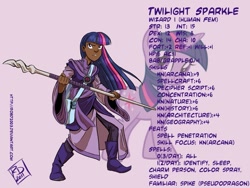 Size: 1099x826 | Tagged: safe, artist:robd2003, character:twilight sparkle, dungeons and dragons, fantasy class, female, humanized, solo, text, weapon, wizard