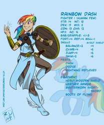 Size: 750x900 | Tagged: safe, artist:robd2003, character:rainbow dash, dungeons and dragons, fantasy class, humanized, shield, sword, text, weapon, winged shoes