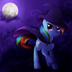 Size: 1050x1050 | Tagged: safe, artist:agletka, character:rainbow dash, cloak, clothing, female, hat, moon, night, solo