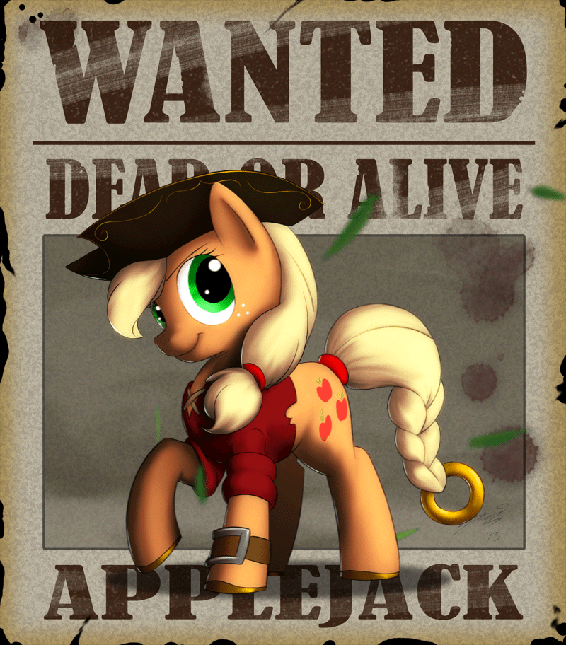 Size: 800x912 | Tagged: safe, artist:lionheartcartoon, character:applejack, animated, braided tail, clothing, female, pirate, poster, solo, tail ring, wanted poster