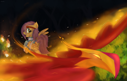 Size: 1696x1080 | Tagged: safe, artist:mattatatta, character:fluttershy, character:philomena, species:phoenix, clothing, fanfic, fire, forest, headband, injured, jacket, looking back, messy mane, open mouth, rearing, survivor shy
