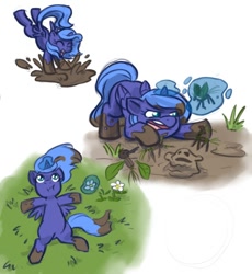 Size: 644x700 | Tagged: safe, artist:robd2003, character:princess luna, species:pony, comic:moon-fall, comic, cute, dirty, female, filly, grass, magic, mud, on back, playing, solo, woona, younger