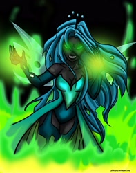 Size: 2510x3182 | Tagged: dead source, safe, artist:pinkanon, character:queen chrysalis, species:human, fangs, female, fire, glow, glowing eyes, humanized, pony coloring, solo