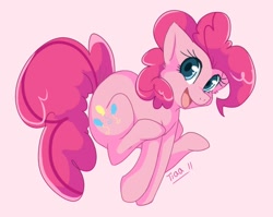 Size: 642x511 | Tagged: safe, artist:mr-tiaa, character:pinkie pie, species:earth pony, species:pony, g4, female, happy, jumping, looking at you, mare, simple background, solo