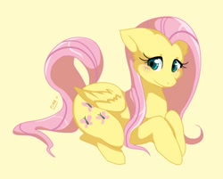 Size: 568x457 | Tagged: safe, artist:mr-tiaa, character:fluttershy, species:pegasus, species:pony, g4, blushing, female, floppy ears, happy, mare, prone, simple background, solo