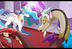 Size: 1002x680 | Tagged: safe, artist:mr-tiaa, character:discord, character:princess celestia, species:alicorn, species:pony, g4, angry, duo, female, floppy ears, mare