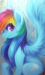 Size: 406x666 | Tagged: safe, artist:mr-tiaa, character:rainbow dash, species:pegasus, species:pony, g4, colored pupils, cute, dashabetes, female, looking at you, mare, profile, sitting, smiling, solo, spread wings, wings